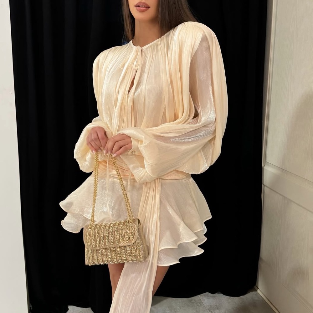 Ivory off white luxurious mini dress with puff sleeve ruffle hem flowy oversized - Picture 9 of 15